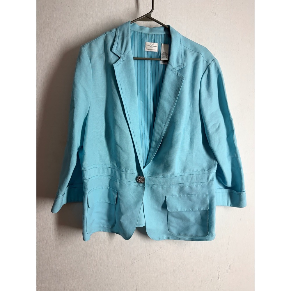 Emma James Liz Claiborne Blue Linen Blend Blazer Rhinestone Button Jacket Sz 16
